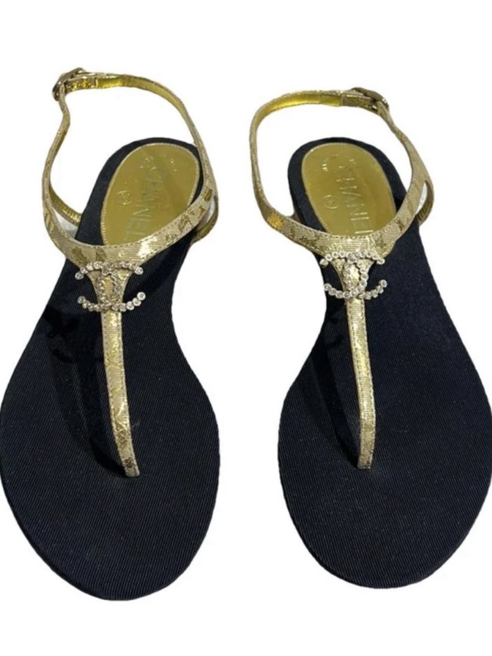 CHANEL Gold T-Strap Logo Embellished Women's Sandals